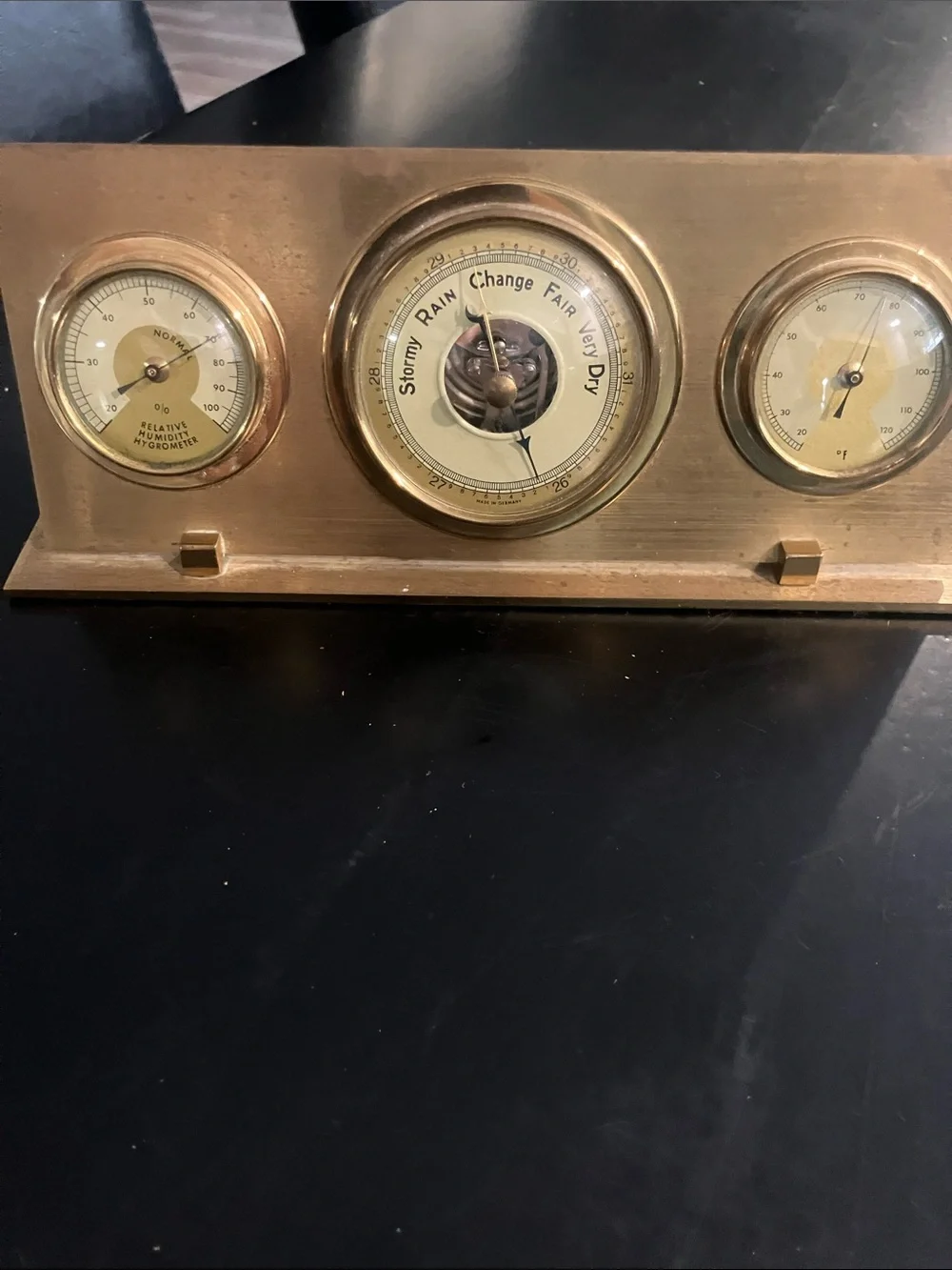 Brass-Colored Triple Weather Station Wall Clock and Instruments